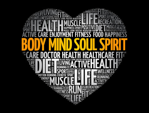 Body Mind Soul Spirit heart word cloud, fitness, sport, health concept background