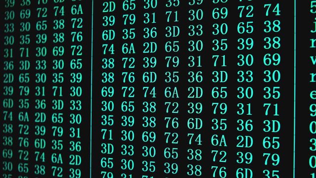 Program HEX code on scientific device screen, green text ASCI information, 4K UHD video