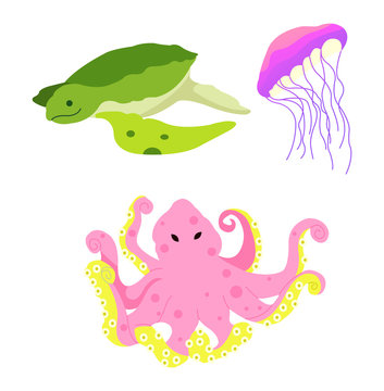 Various kinds of sea animals with various colors. Turtles, jellyfish and squid
