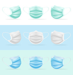 Medical mask surgical colored. Mask protection against coronovirus profile full face green white blue surgical safety against respiratory viruses bacteria, healthy breathing design. Color vector.