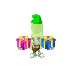 A smiling staphylococcus pneumoniae cartoon design having Christmas gifts