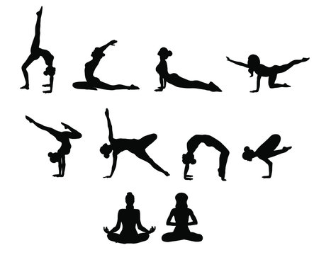 Big set many different girls do yoga in different poses silhouette
