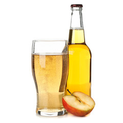 Apple, glass and bottle with cider isolated on white background