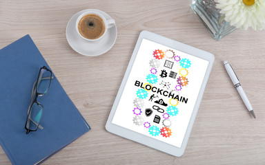 Blockchain concept on a digital tablet