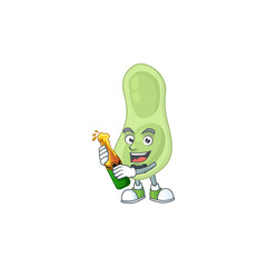 Mascot cartoon design of staphylococcus pneumoniae making toast with a bottle of beer