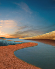 Imaginary landscape, surreal lake front, sunset colors and colored grass, complementary color, blue and orange, cloudy sky and calm water, relax concept idea