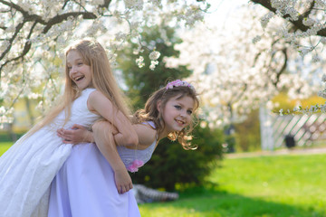 Fototapeta premium Beautiful young girls with blue eyes in a white dresses in the garden with apple trees blosoming having fun and enjoying smell of flowering spring garden.