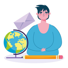 online education, teacher man school globe envelope and pencil