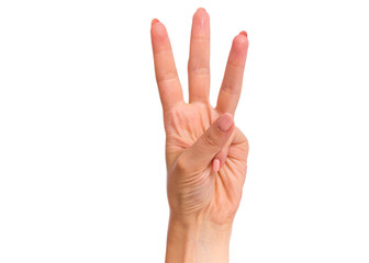 Naklejka premium Female hand showing 3 fingers gesture, isolated on white background. Beautiful hand of woman with copy space. Hand doing gesture of number Three. Series of photos count from 1 to 5.