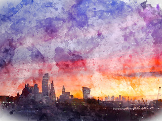 Epic dawn sunrise landscape cityscape over London city sykline looking East along River Thames