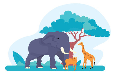 Illustration of an elephant with various other animals in a safari park
