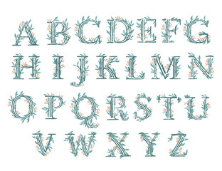 Set of alphabet tree branches with leaves and berries botanical flowers floral hand drawn scandinavian style art design element flat vector illustration