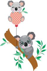 Mum koala picking eucalyptus leaves and baby koala on balloon