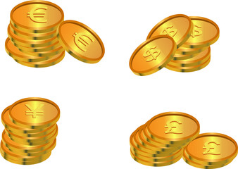 Set of golden coins with several country coins, yens, british pounds, dollars and euros. 