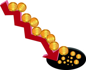 Financial crisis. Illustration concept. Loosing euro coins through a long red arrow