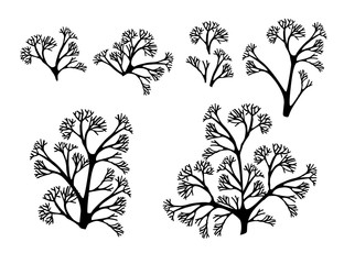 Set of black coral seaweeds silhouettes flat vector illustration isolated on white background