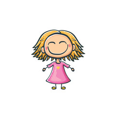 Cartoon cute funny little girl with pink dress isolated on white background. Cartoon happy smiling girl children with funny hair. 1 june Childrens day background