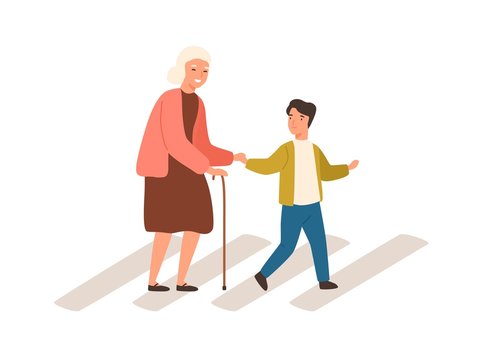 Joyful polite boy help grandmother cross street vector flat illustration