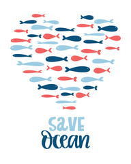 Save our Oceans - modern lettering. Vector Ecology print with hand drawn whale.