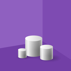 Cylindrical boxes for demonstration on the background of the corner with purple violet walls and floor, white podium stand , vector illustration