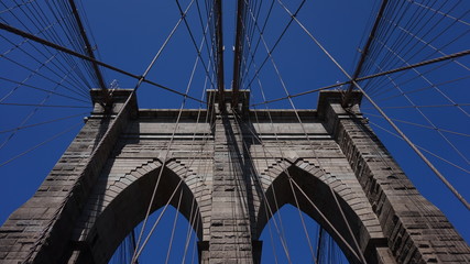 A symmetrical view of Brooklyn Bridge in New York.