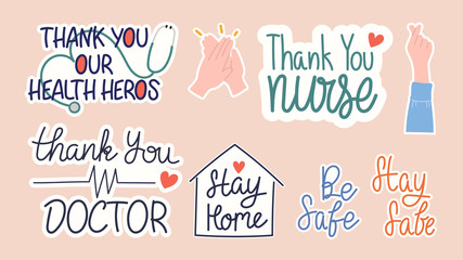 Coronavirus (COVID-19) prevention hand letterings doodle banner and sticker design banner, social distancing, Stay home, Quarantine activities, Thank you doctor, Keep healthy vector illustration.