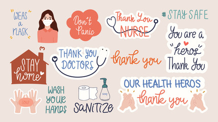 Coronavirus (COVID-19) prevention hand letterings doodle banner and sticker design banner, social distancing, Stay home, Quarantine activities, Thank you doctor, Keep healthy vector illustration.