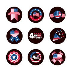 4th of july independence day, celebration honor memorial american flag icons set block and flat style icon