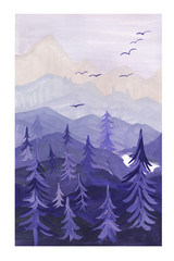 
landscape hand-drawn gouache mountains forest silhouette nature blue gray purple