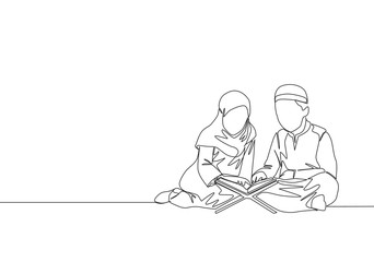 One continuous line drawing of muslim and muslimah kids reading and recite Quran. Islamic holy day Ramadan Kareem and Eid Mubarak greeting card concept single line draw design vector illustration