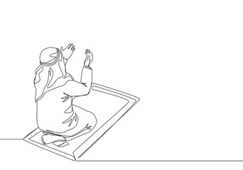 One continuous line drawing of muslim person raise and open hands praying on sajadah, from rear view. Islamic Ramadan Kareem and Eid Mubarak pray concept single line draw design vector illustration