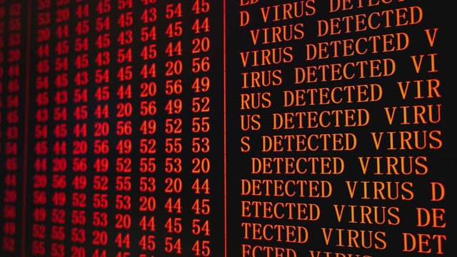 Program HEX VIRUS DETECTED red text code on scientific device screen, green text ASCI information, 4K UHD video