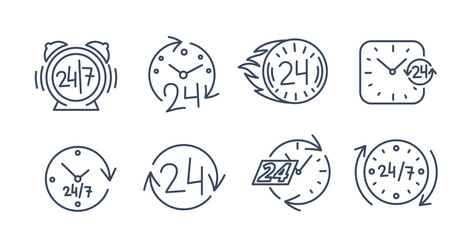 24-7 vector icons set. Twenty four-seven. All the time constantly or around the clock. Day-and-night. Full-time. Flat line vector.