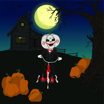 Halloween vector illustration. A stuffed pumpkin on a bicycle on a background of a haunted house and a full moon.