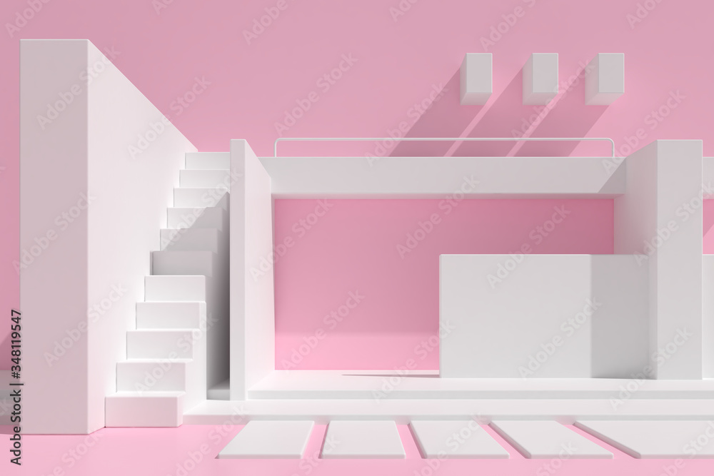 Poster Minimal style of architectural building with staircase and structure blocks on pastel color background, Abstract geometry element with shade and shadow. 3D rendering.