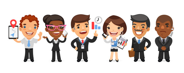 A group of cartoon business men and women characters in different poses stand on a white background. Team Leader, logistics expert, accountant, manager, bodyguard, and others. Flat style.