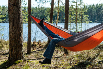 hammock forest between trees holiday woman relax sunny wather