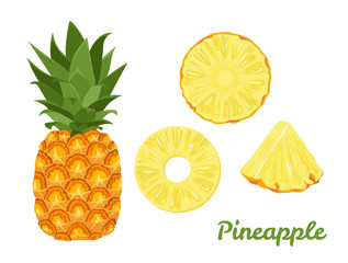 Pineapple set. Whole pineapple and slices isolated on a white background. Vector illustration of tropical fruit in cartoon flat style.