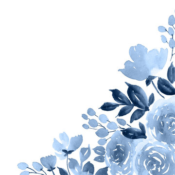 Watercolor Rose Flowers In Navy Blue. Hand Painted Floral Corner Arrangement
