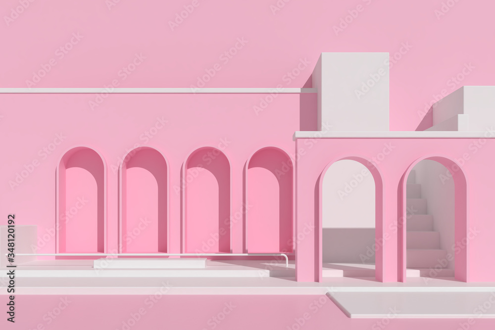 Aufkleber mock-up in minimal style of architectural building with stairs and arch, Architecture element with shade and shadow. 3D rendering.