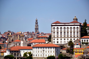 Naklejka na ściany i meble Porto, Portugal - August 20, 2015: cityscape of Porto. Focus on the historic city center, which contains the most important monuments of Porto, such as The Tower of the Clerics.