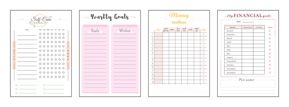 Yearly resolution minimalist planner page set. Self care checklist. Goals and wishes. Finance management. Cute pink personal organizer printable sheet layout. Vertical insert for diary