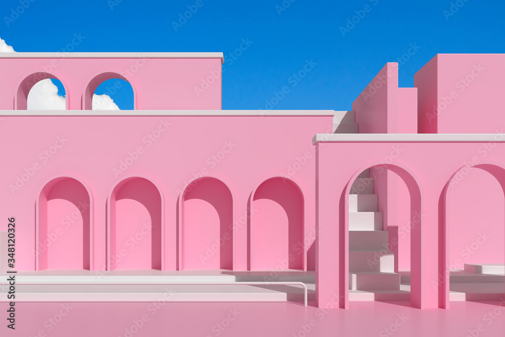Leinwandbilder mock-up in minimal style of architectural building with stairs and arch, Architecture element with shade and shadow. 3D rendering.