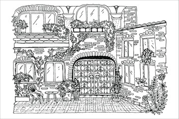 coloring book, old, stone courtyard, forged gates, windows, flowers in flowerpots, vector, black and white