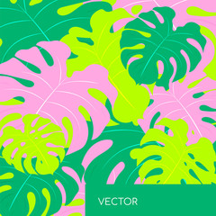 Fototapeta na wymiar Monstera leaf repeat motiff flat color vector background. Green philodendron flurousent leaves. Floral pattern. Tropical summer vacation social media post mock up. Exotic resort web banner template