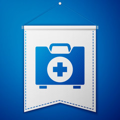 Blue First aid kit icon isolated on blue background. Medical box with cross. Medical equipment for emergency. Healthcare concept. White pennant template. Vector
