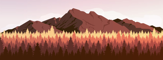 Mountain and coniferous forest flat color vector illustration. Brown hill and fir trees. Woodland view. Wild nature scenery. 2D cartoon landscape with woods and rock on background