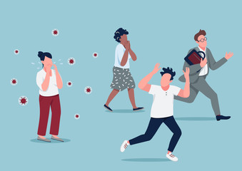 Mass hysteria flat concept vector illustration. People running from contagious person in panic 2D cartoon characters for web design. Coronavirus outbreak, covid pandemic, virus spread creative idea