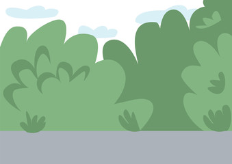 Empty public park flat color vector illustration. City street 2D cartoon landscape with green bushes on background. Natural plants, greenery in residential district. Place for fresh air strolls