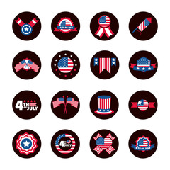 4th of july independence day, celebration honor memorial american flag icons set block and flat style icon